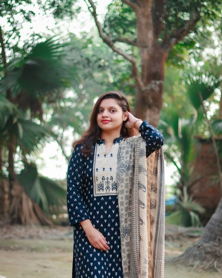 Model wearing an embroidered kurta set
