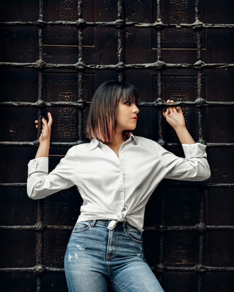 Model wearing an oversized white shirt